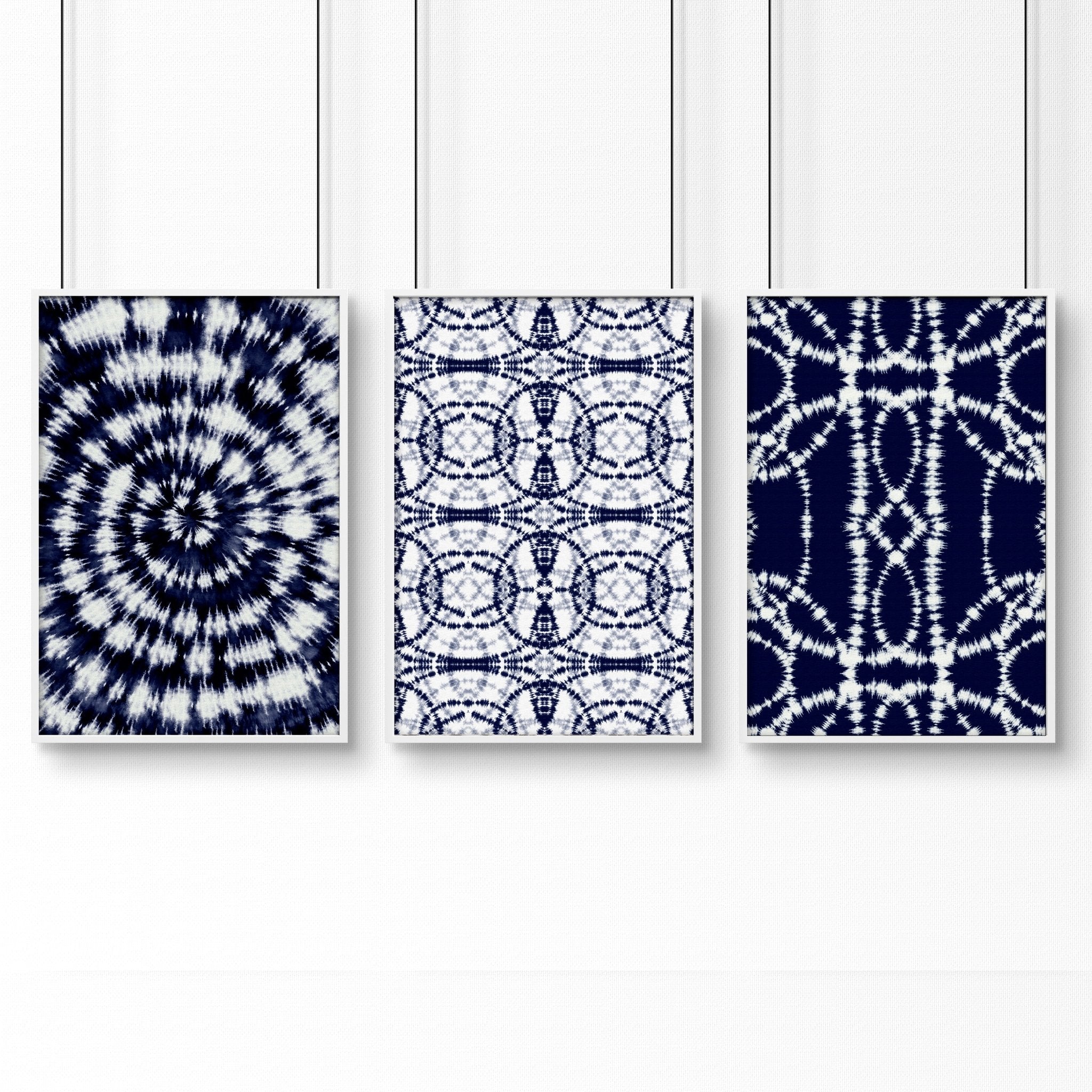 Set of 3 Indigo Shibori tie dye wall art prints showcasing intricate patterns in deep indigo hues, perfect for beach hut decor.