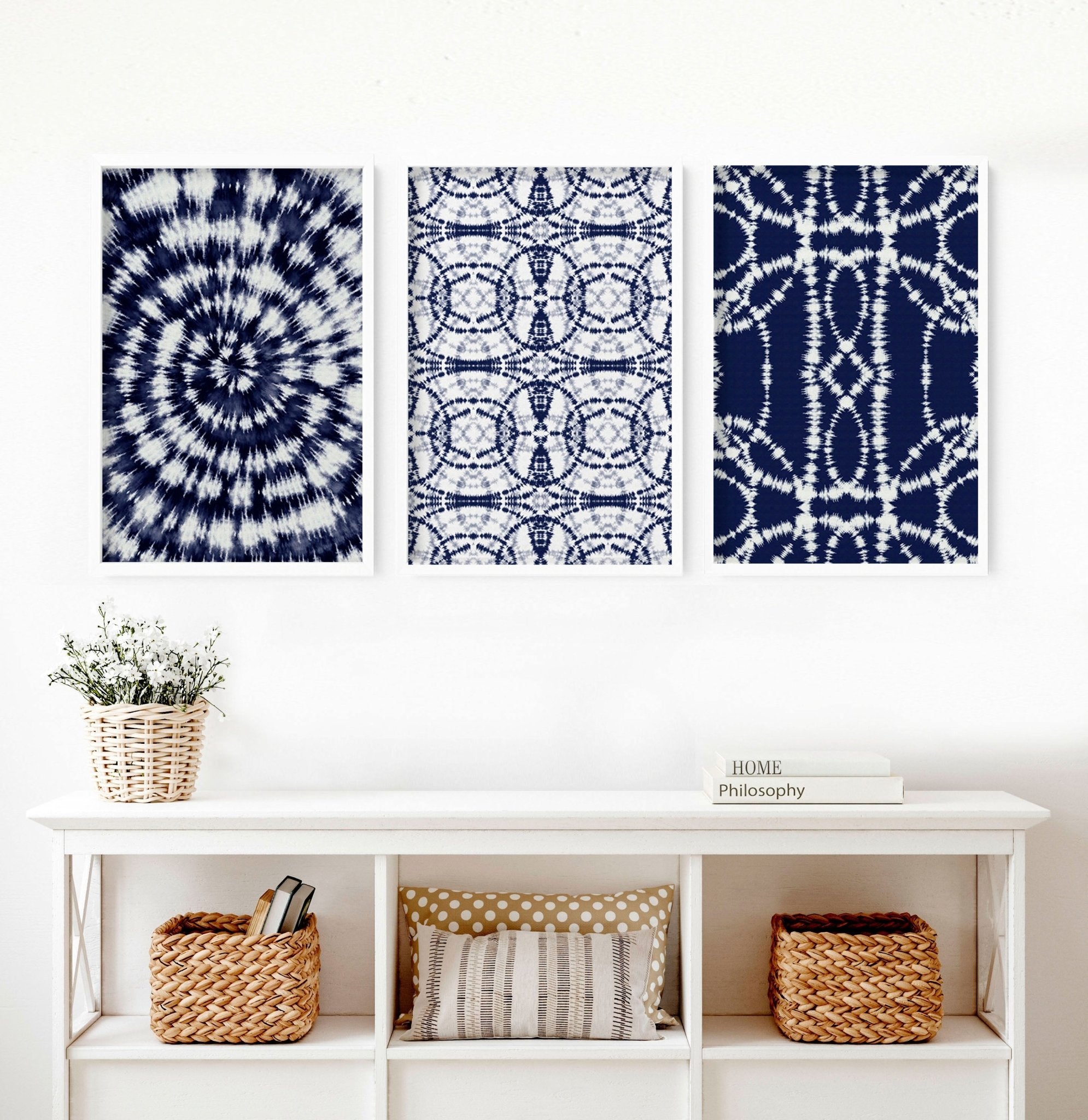 Set of 3 Indigo Shibori tie dye wall art prints showcasing intricate patterns in deep indigo hues, perfect for beach hut decor.