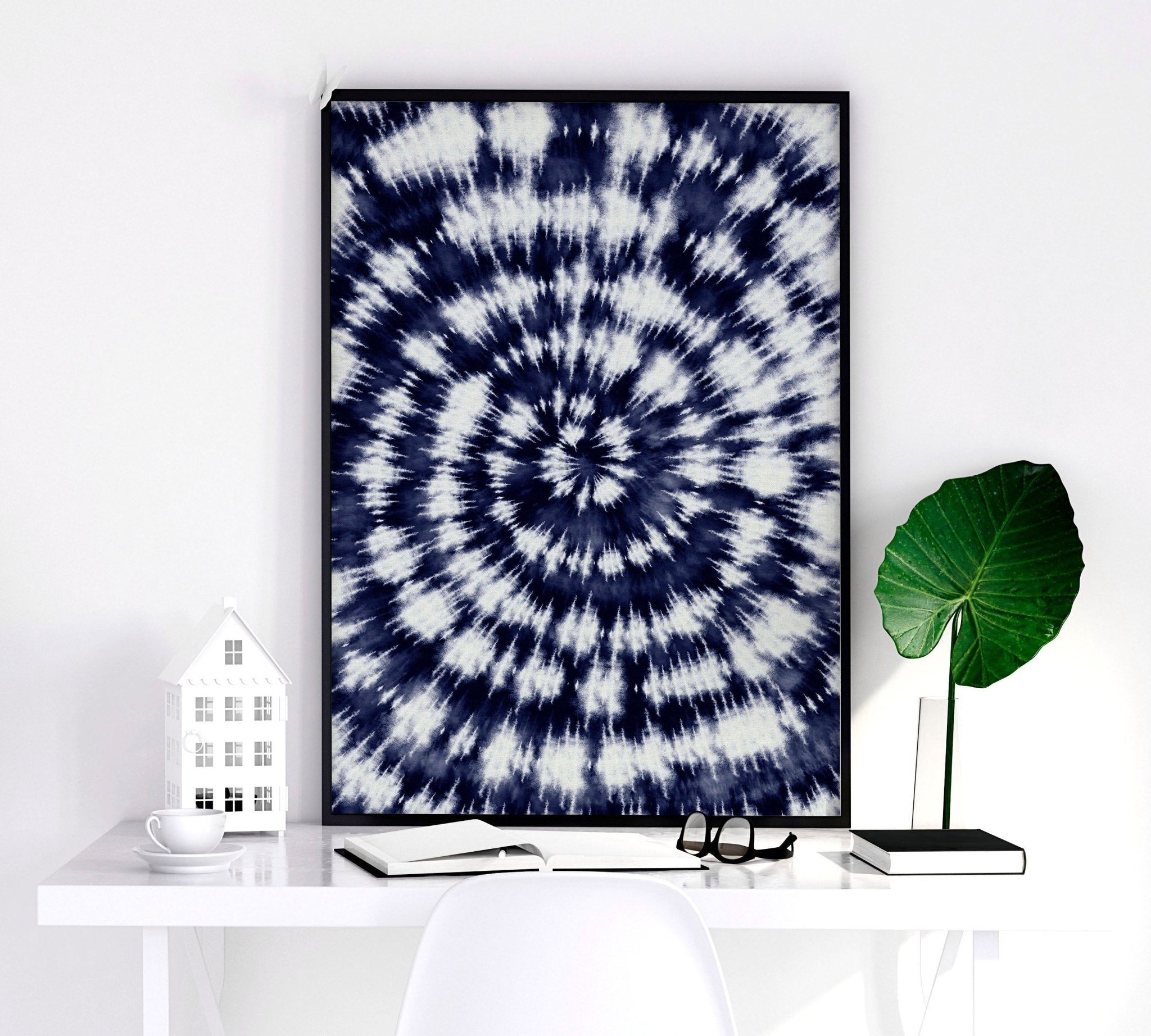 Set of 3 Indigo Shibori tie dye wall art prints showcasing intricate patterns in deep indigo hues, perfect for beach hut decor.