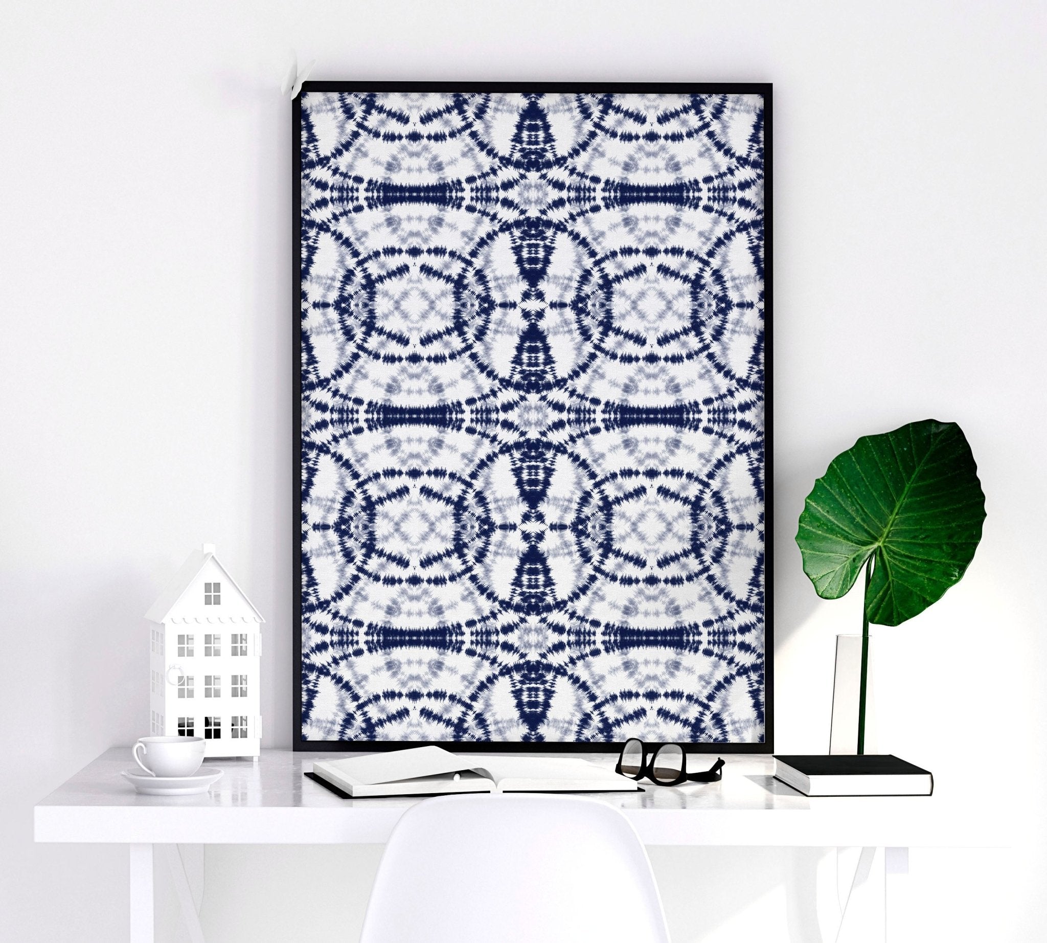 Set of 3 Indigo Shibori tie dye wall art prints showcasing intricate patterns in deep indigo hues, perfect for beach hut decor.