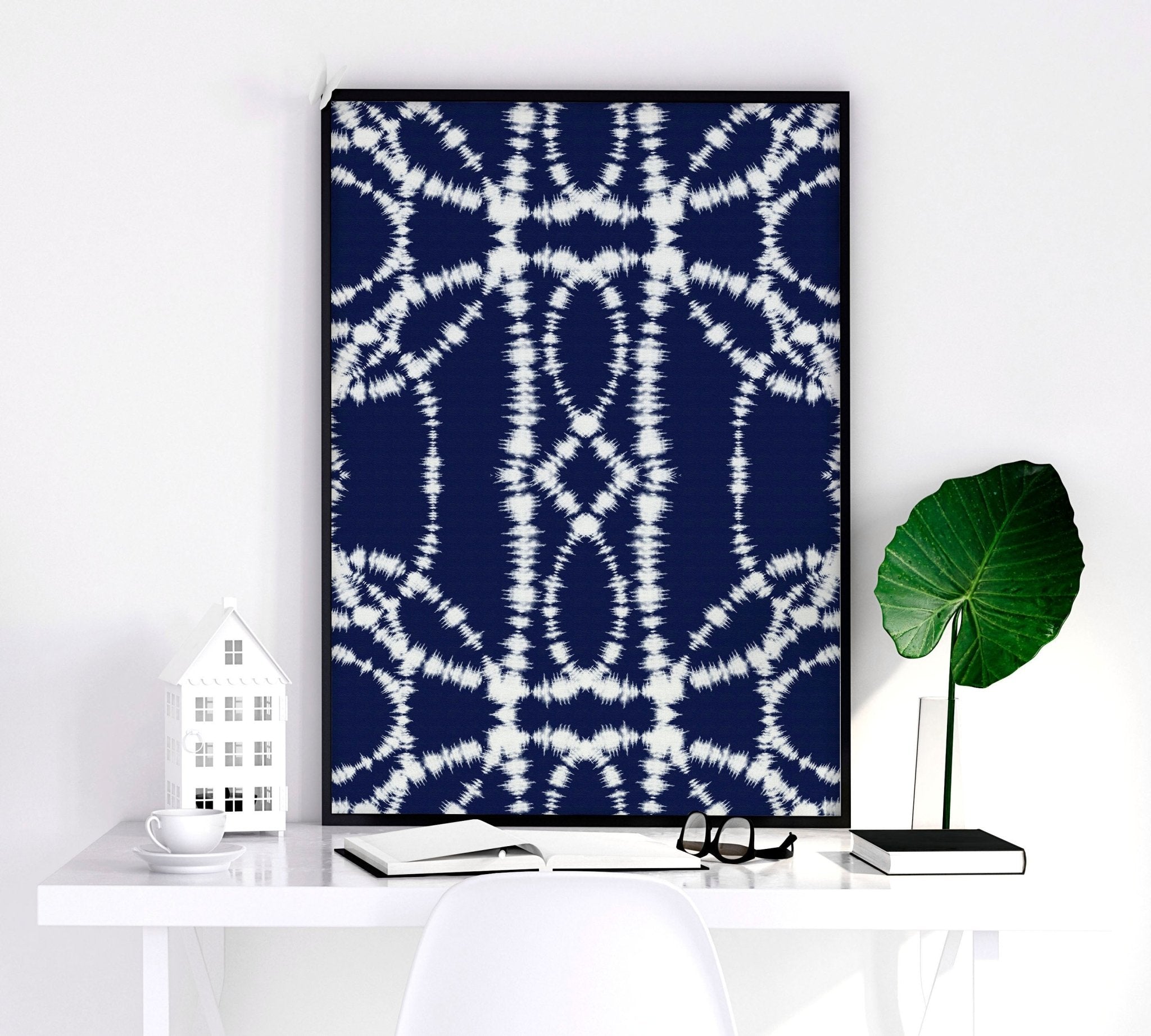 Set of 3 Indigo Shibori tie dye wall art prints showcasing intricate patterns in deep indigo hues, perfect for beach hut decor.