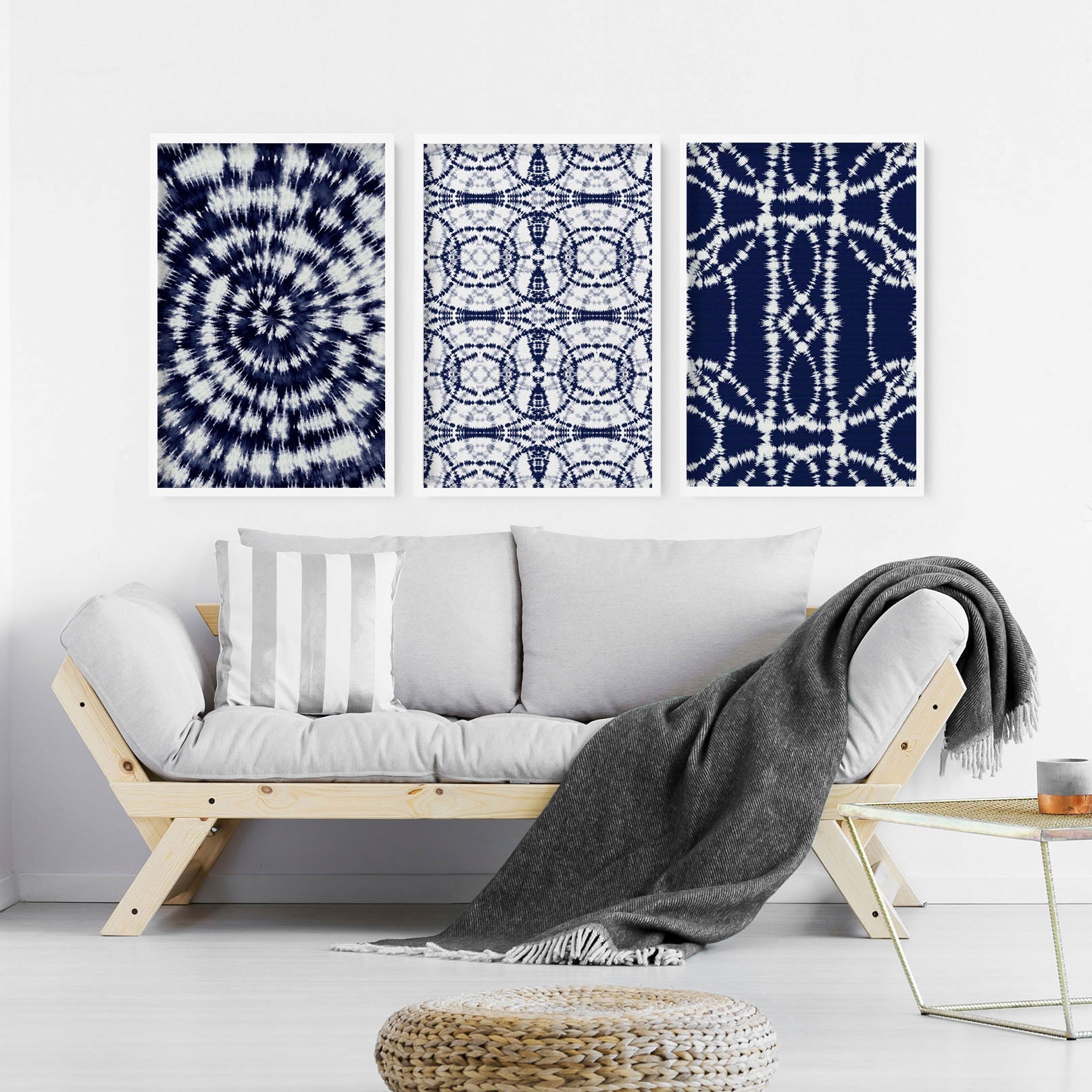 Set of 3 Indigo Shibori tie dye wall art prints showcasing intricate patterns in deep indigo hues, perfect for beach hut decor.