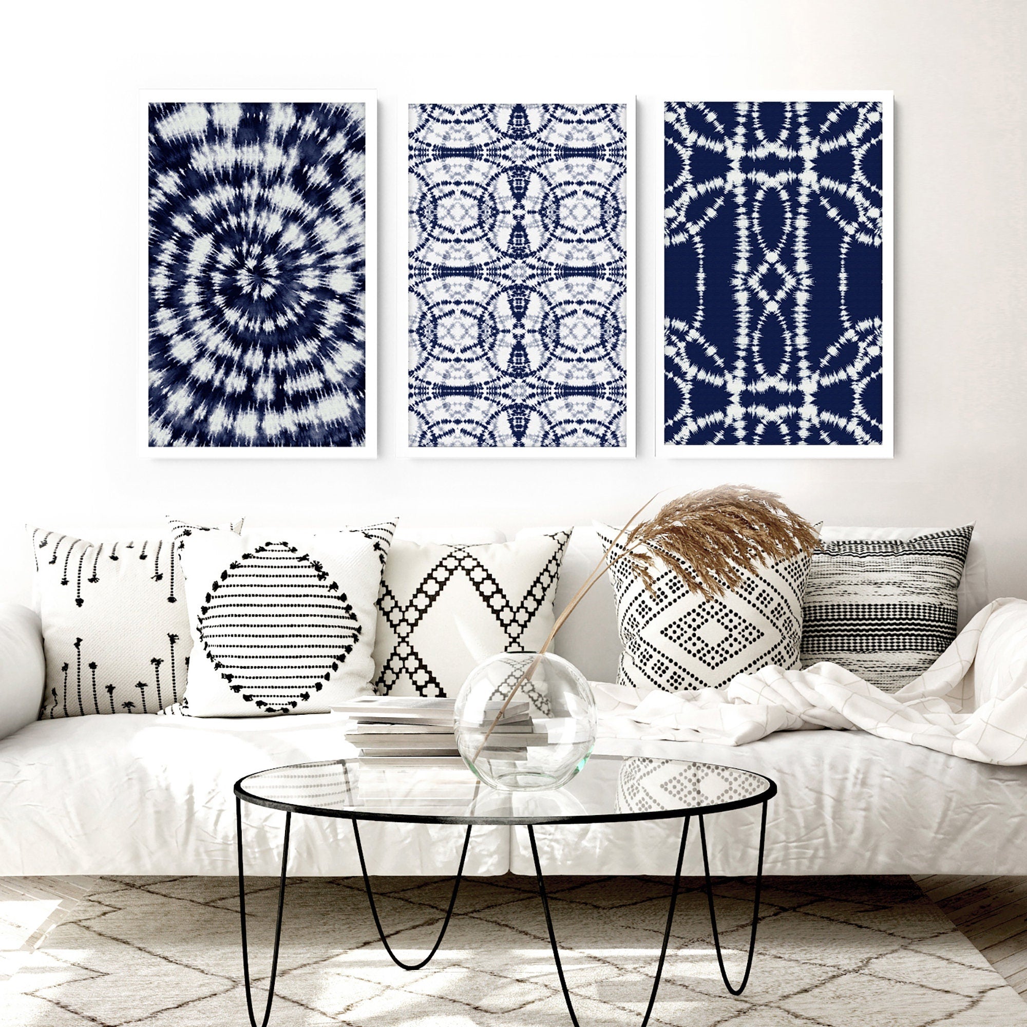 Set of 3 Indigo Shibori tie dye wall art prints showcasing intricate patterns in deep indigo hues, perfect for beach hut decor.