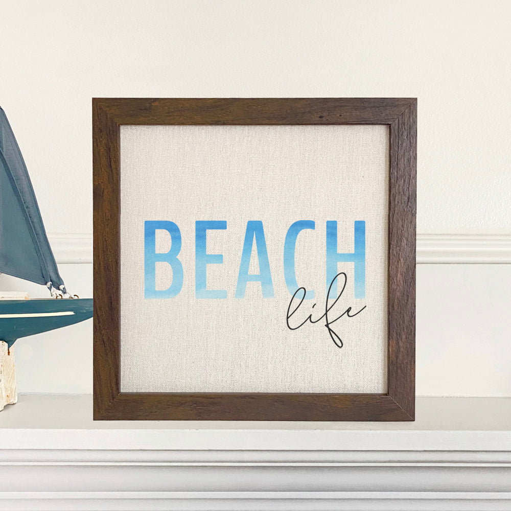 Beach Life Framed Sign with a natural wood frame and linen-style background, perfect for beach-themed decor.