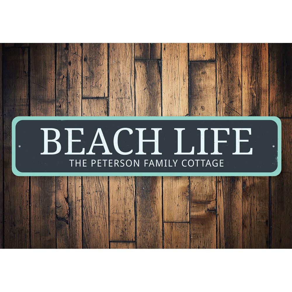 A decorative Beach Life Sign made of aluminum, featuring vibrant colors and customizable text, perfect for home decor.