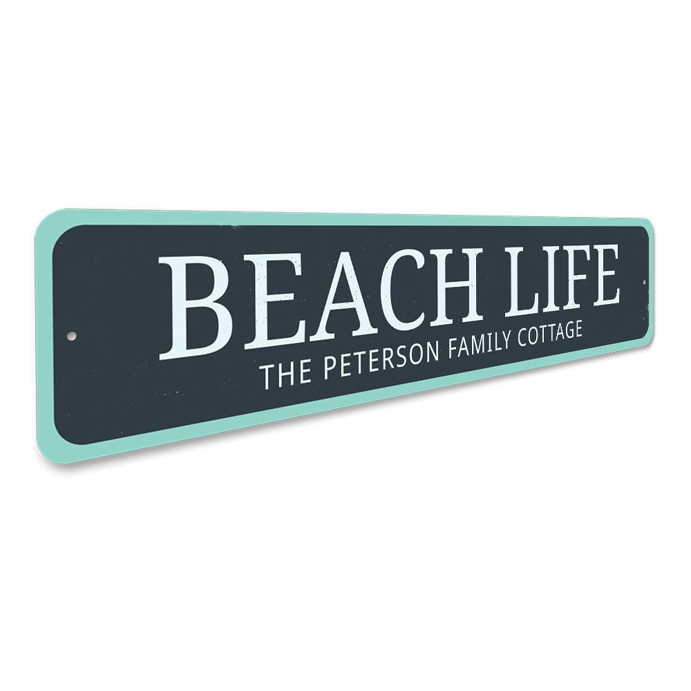 A decorative Beach Life Sign made of aluminum, featuring vibrant colors and customizable text, perfect for home decor.