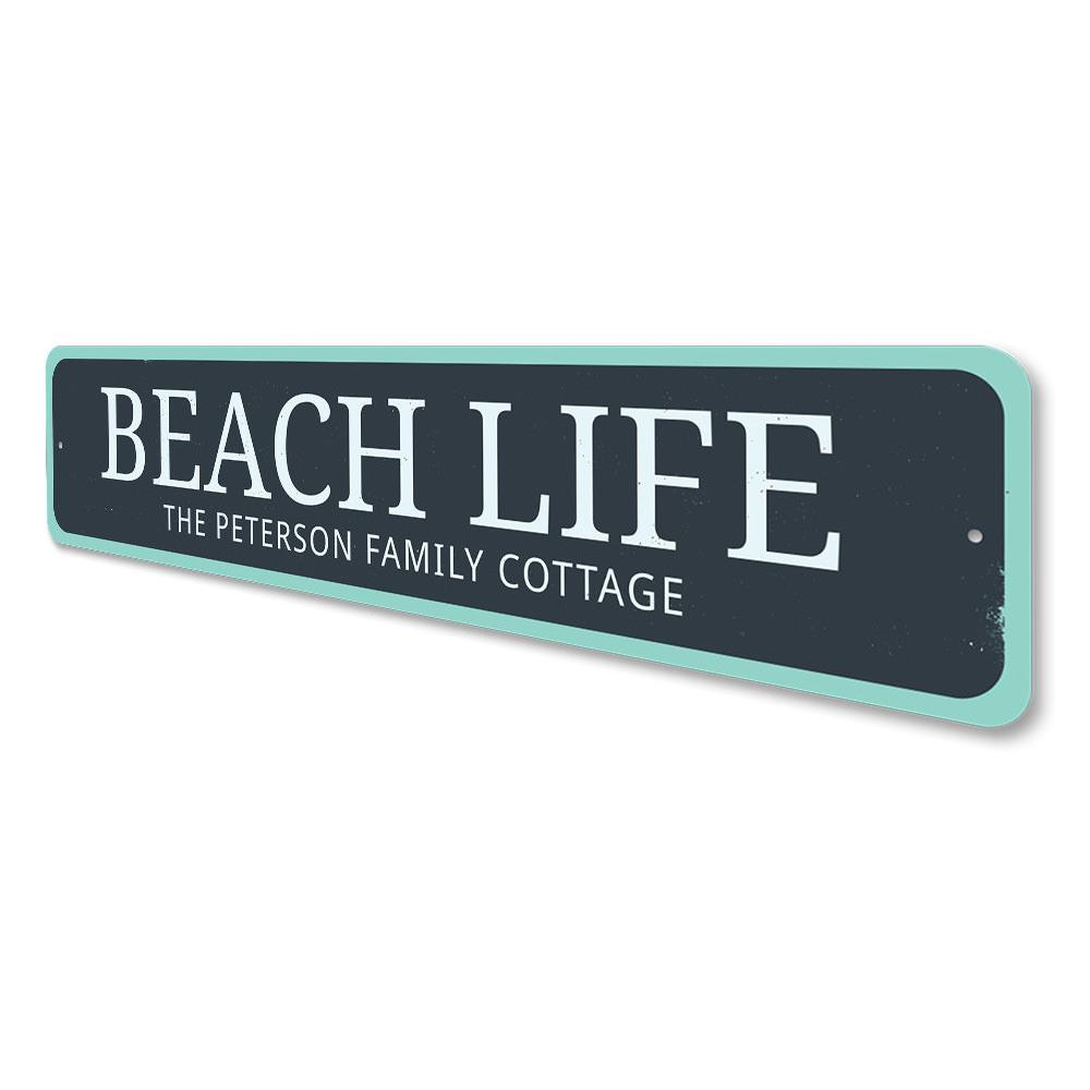 A decorative Beach Life Sign made of aluminum, featuring vibrant colors and customizable text, perfect for home decor.