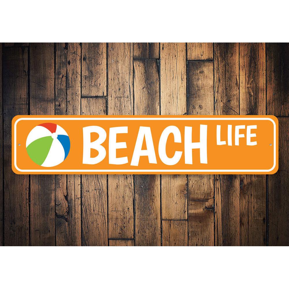 Beach Life Street Sign made of aluminum, featuring vibrant colors and a coastal theme, perfect for home decor.