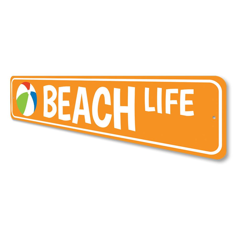 Beach Life Street Sign made of aluminum, featuring vibrant colors and a coastal theme, perfect for home decor.