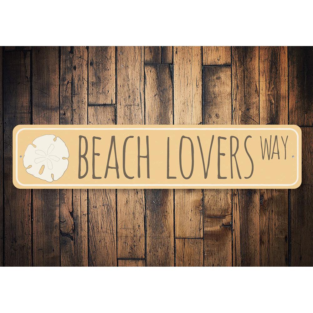 Beach Lovers Way Sign made of durable aluminum, featuring a beach-themed design, perfect for home decor.