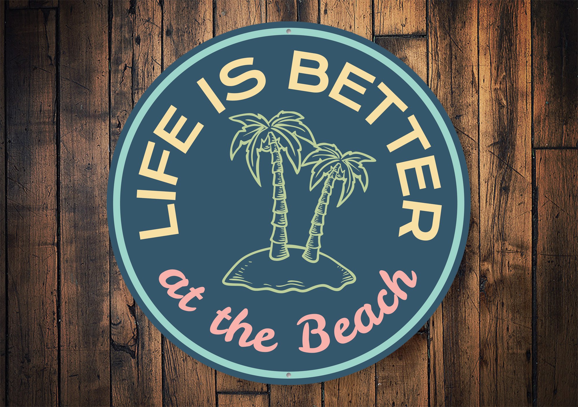 A decorative Beach Palm Tree Sign made of high-quality aluminum, featuring vibrant colors and a tropical design, perfect for coastal decor.