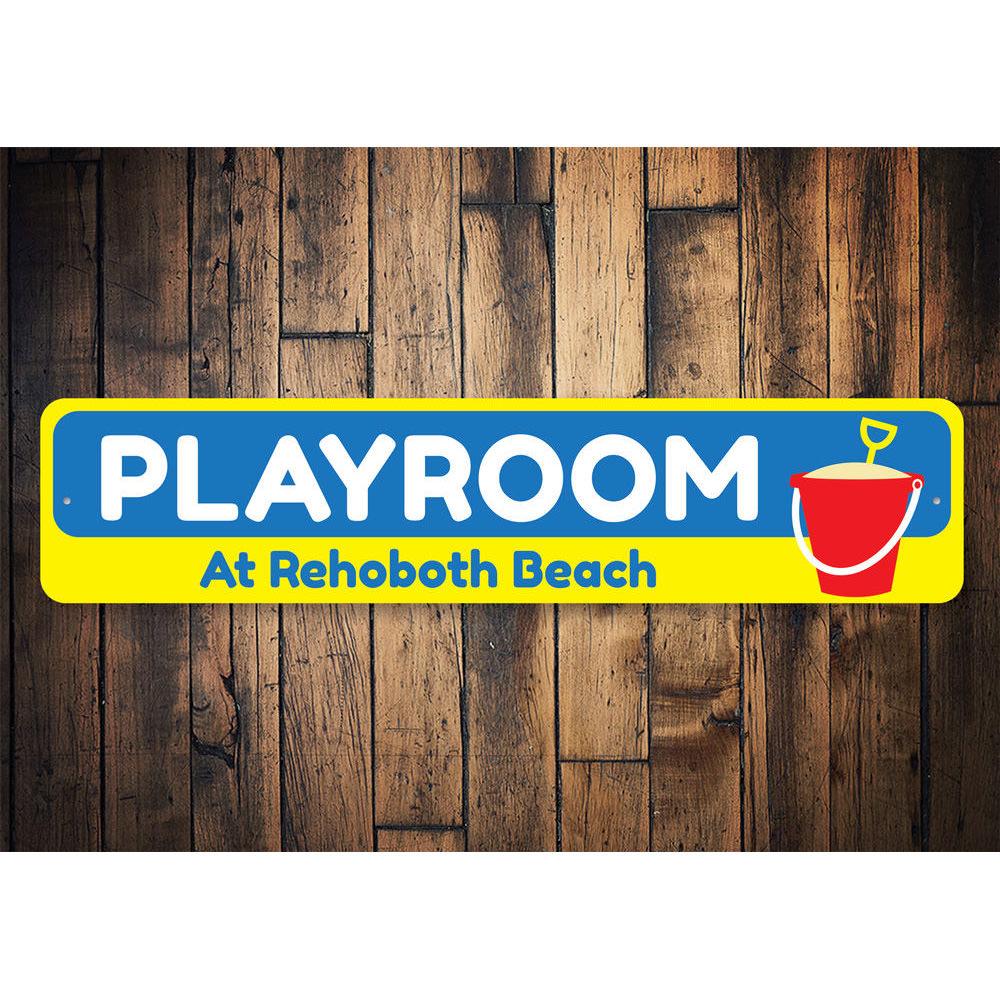 Colorful Beach Playroom Sign made of aluminum, featuring playful beach-themed designs, perfect for children's rooms.