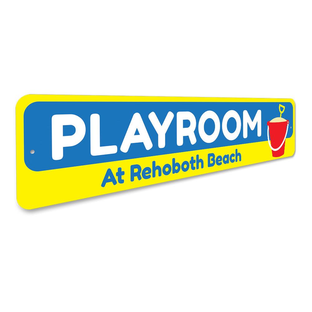 Colorful Beach Playroom Sign made of aluminum, featuring playful beach-themed designs, perfect for children's rooms.