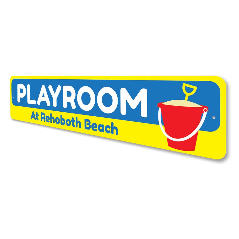 Colorful Beach Playroom Sign made of aluminum, featuring playful beach-themed designs, perfect for children's rooms.