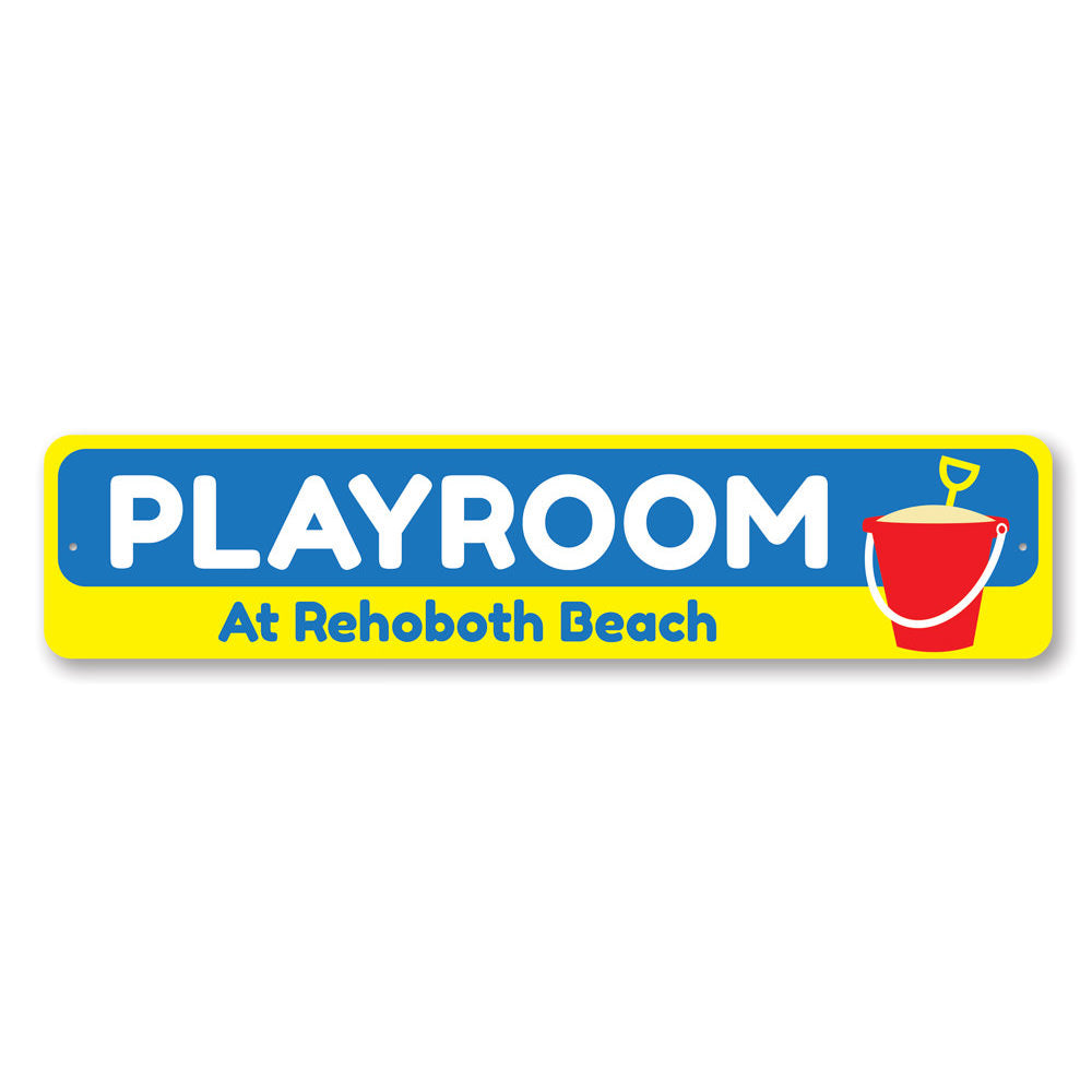 Colorful Beach Playroom Sign made of aluminum, featuring playful beach-themed designs, perfect for children's rooms.