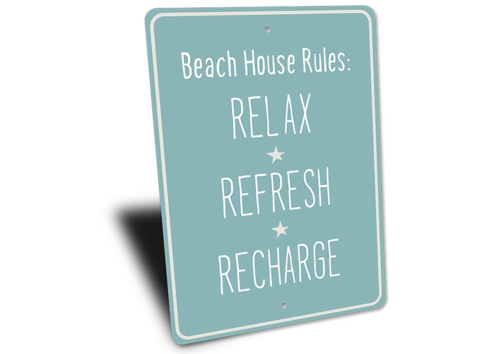 A decorative Beach Relax Sign made of high-quality aluminum, featuring a coastal theme, perfect for beach houses and outdoor spaces.