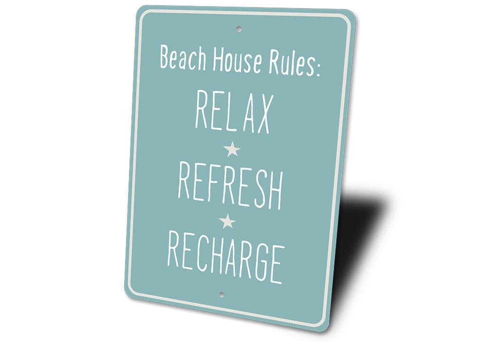 A decorative Beach Relax Sign made of high-quality aluminum, featuring a coastal theme, perfect for beach houses and outdoor spaces.