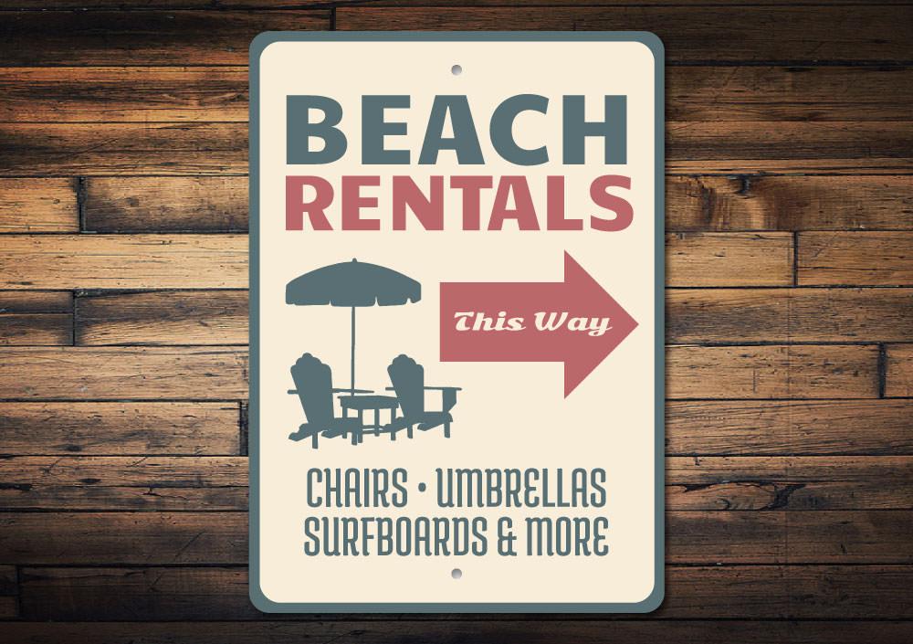 A decorative Beach Rentals Sign made of high-quality aluminum, featuring customizable text and pre-drilled holes for easy mounting.