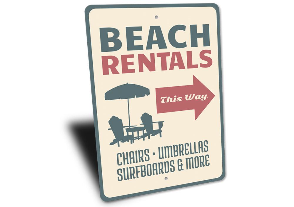 A decorative Beach Rentals Sign made of high-quality aluminum, featuring customizable text and pre-drilled holes for easy mounting.