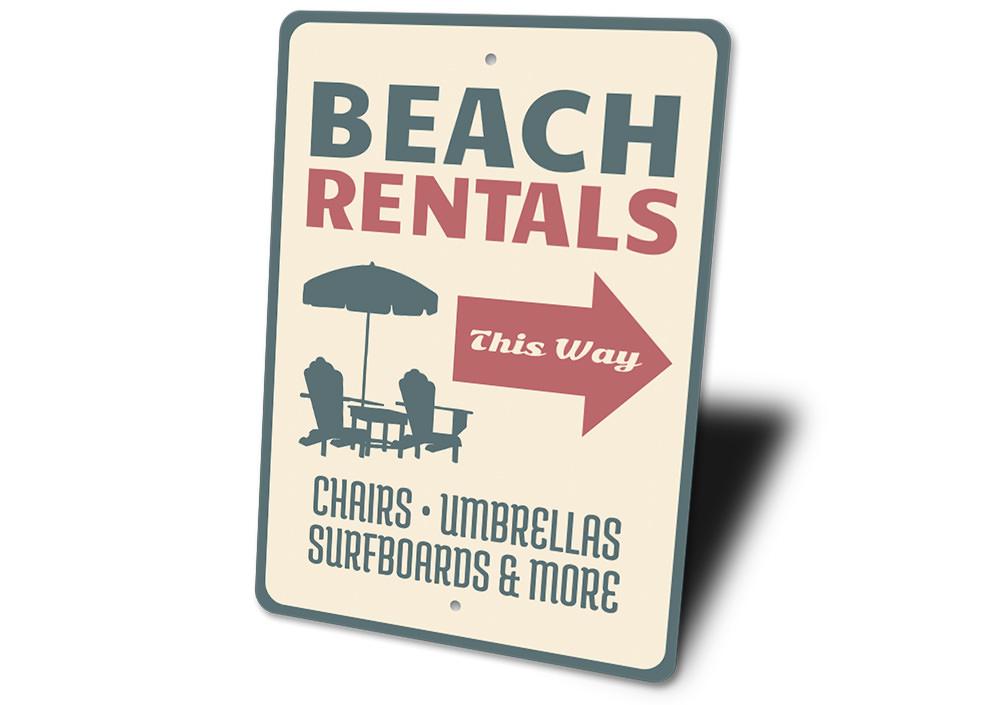 A decorative Beach Rentals Sign made of high-quality aluminum, featuring customizable text and pre-drilled holes for easy mounting.