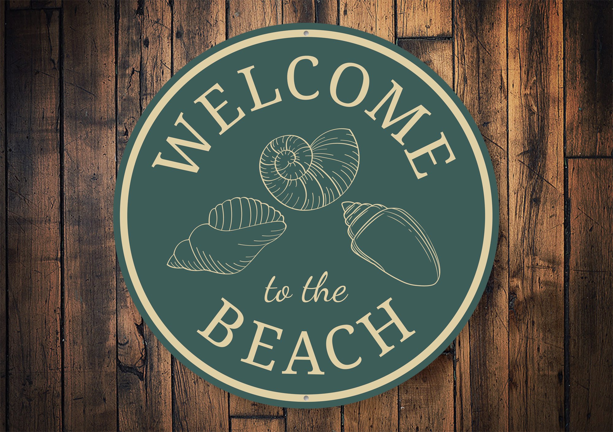 A decorative Beach Shells Welcome Sign made of high-quality aluminum, featuring a vibrant beach-themed design with shells and welcoming text.