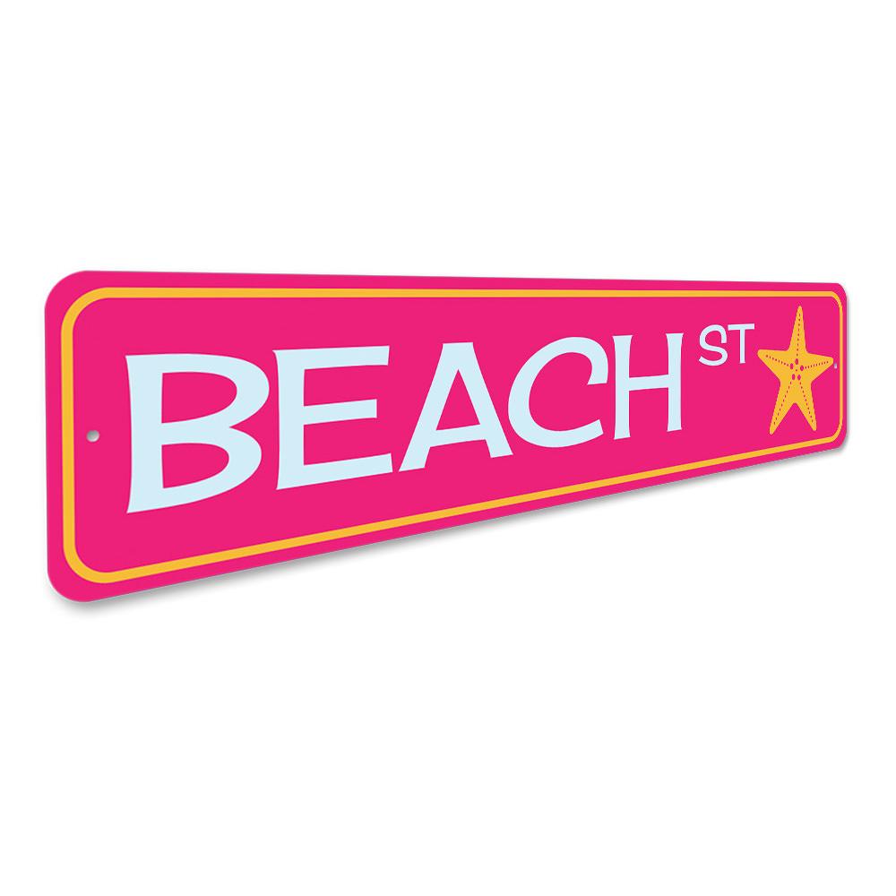 A decorative Beach Street Sign made of high-quality aluminum, featuring customizable text and a coastal design, perfect for beach houses.