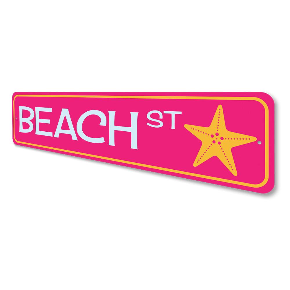 A decorative Beach Street Sign made of high-quality aluminum, featuring customizable text and a coastal design, perfect for beach houses.