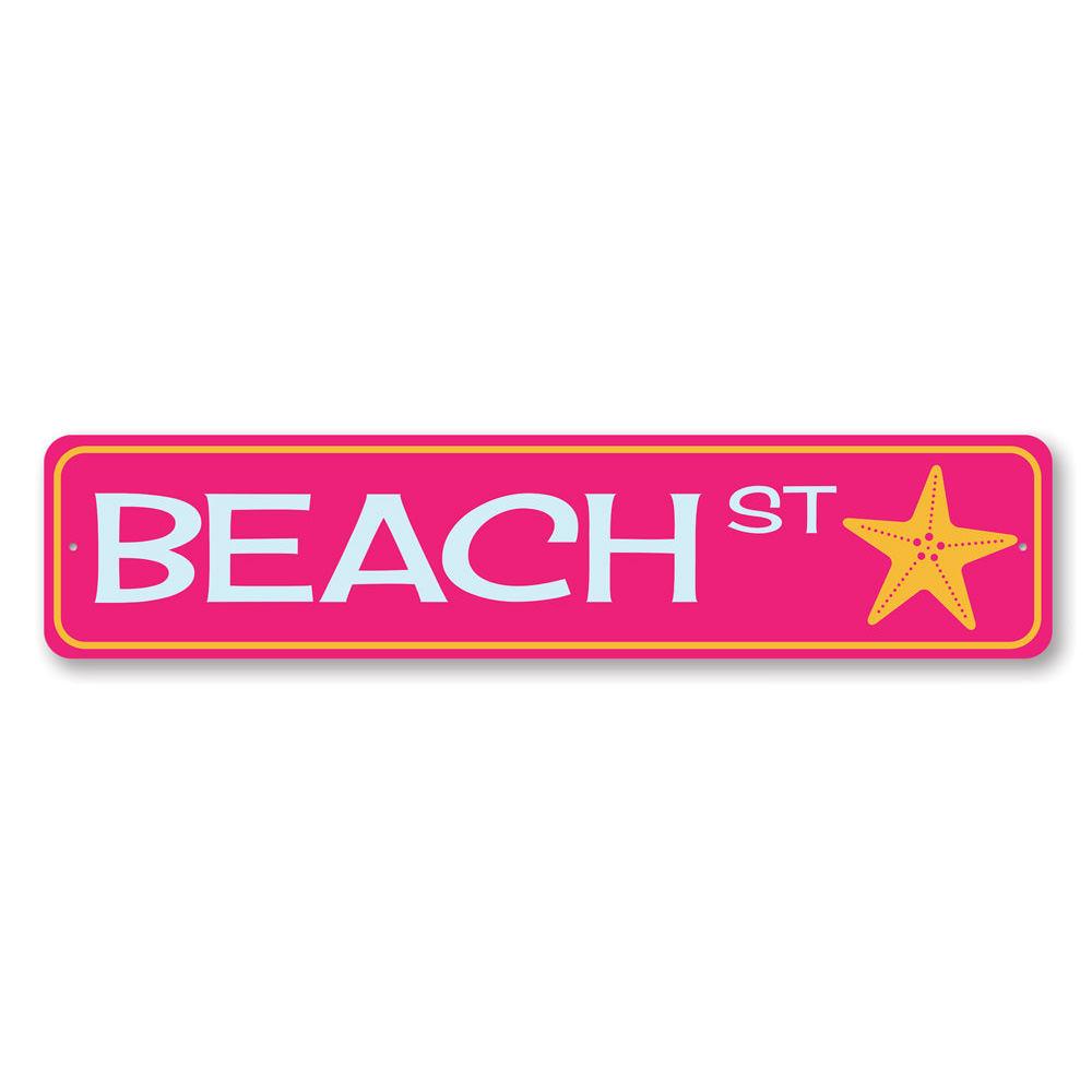 A decorative Beach Street Sign made of high-quality aluminum, featuring customizable text and a coastal design, perfect for beach houses.