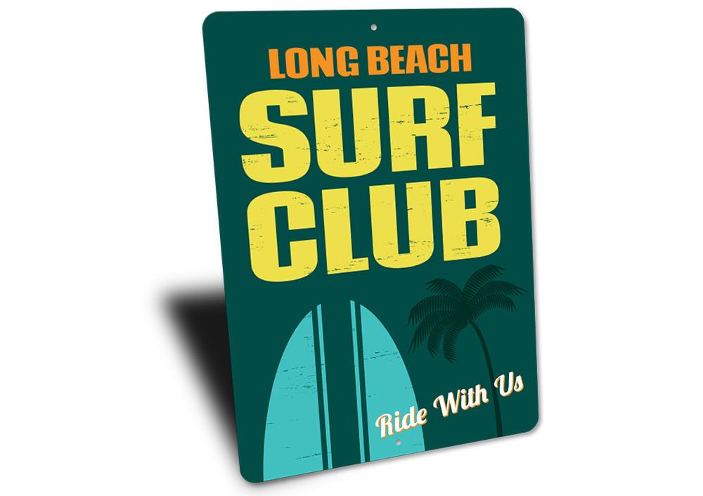 A decorative Beach Surf Club Sign made of high-quality aluminum, featuring customizable text and pre-drilled holes for easy mounting.