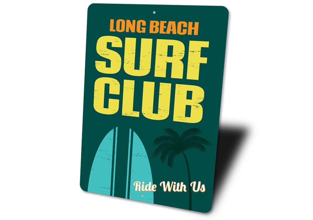 A decorative Beach Surf Club Sign made of high-quality aluminum, featuring customizable text and pre-drilled holes for easy mounting.