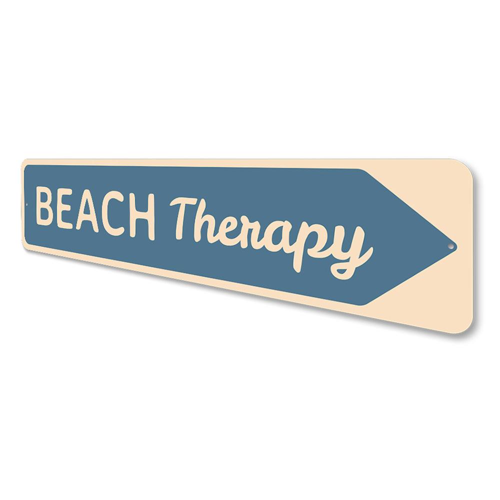 A decorative Beach Therapy Sign made of high-quality aluminum, featuring beach-themed graphics and customizable text, perfect for coastal decor.