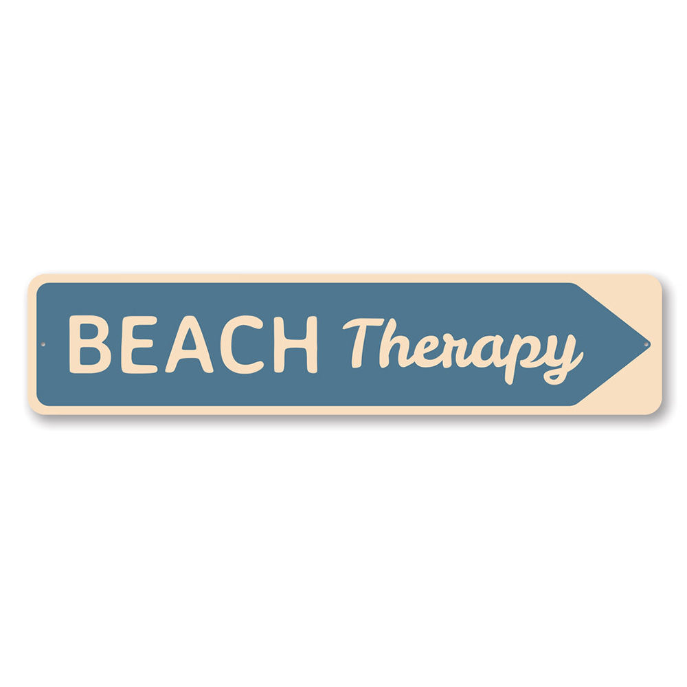 A decorative Beach Therapy Sign made of high-quality aluminum, featuring beach-themed graphics and customizable text, perfect for coastal decor.