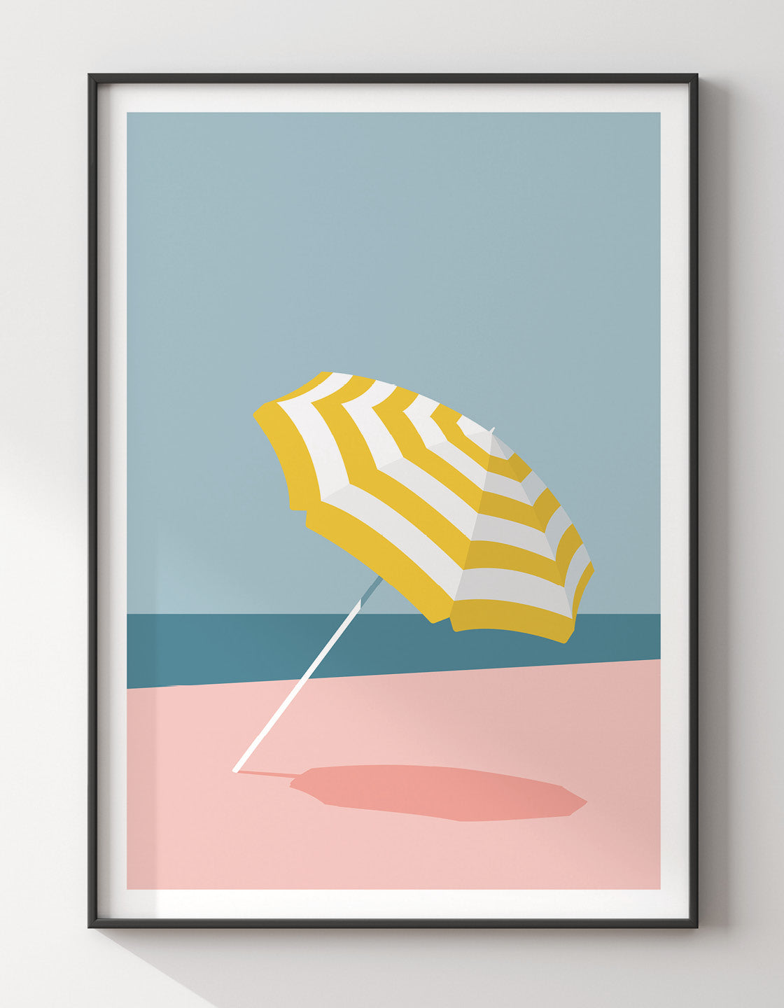 A stylish beach umbrella with vibrant colors, providing shade on a sandy beach, featuring personalization options for titles.