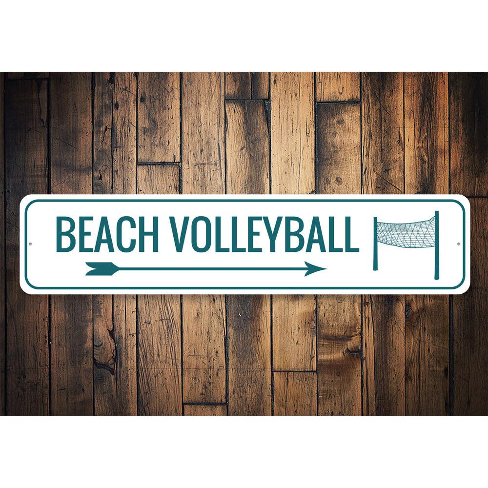 Beach Volleyball Area Sign made of durable aluminum, featuring vibrant colors and customizable text, perfect for coastal decor.