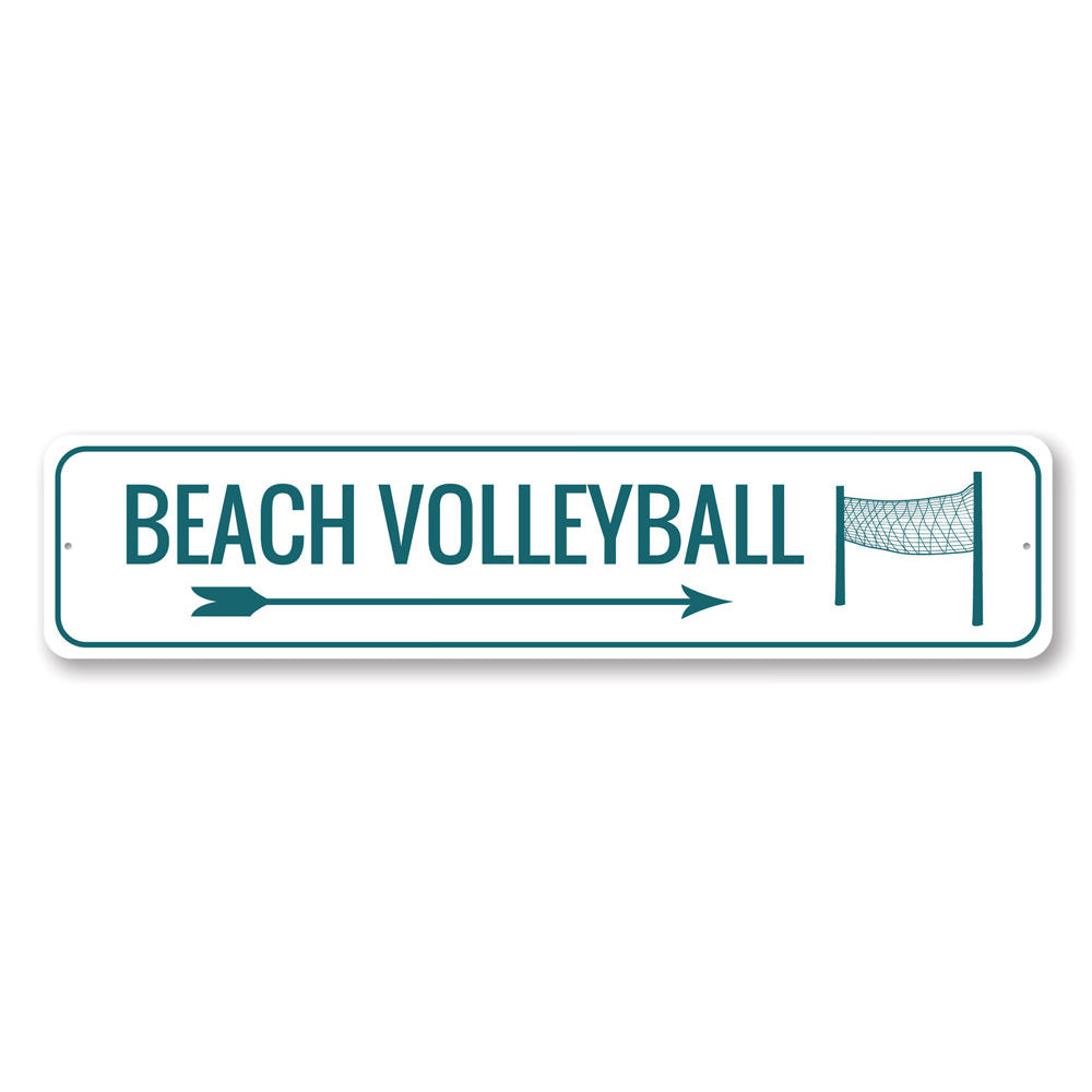 Beach Volleyball Area Sign made of durable aluminum, featuring vibrant colors and customizable text, perfect for coastal decor.