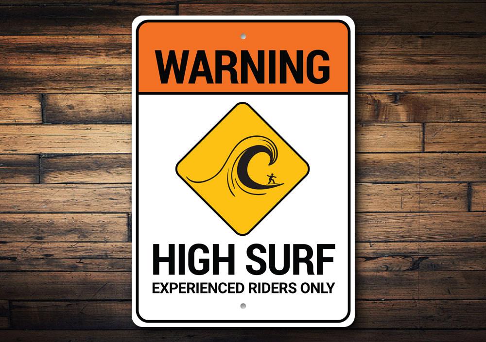 Beach Warning High Surf Sign made of durable aluminum, featuring a vibrant design suitable for coastal decor.