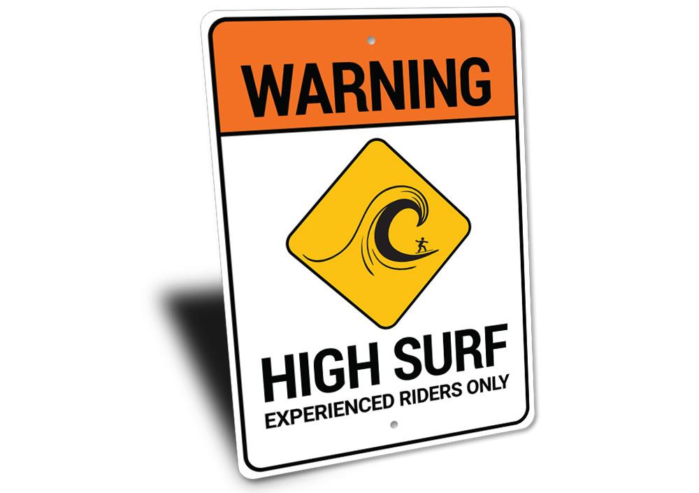 Beach Warning High Surf Sign made of durable aluminum, featuring a vibrant design suitable for coastal decor.