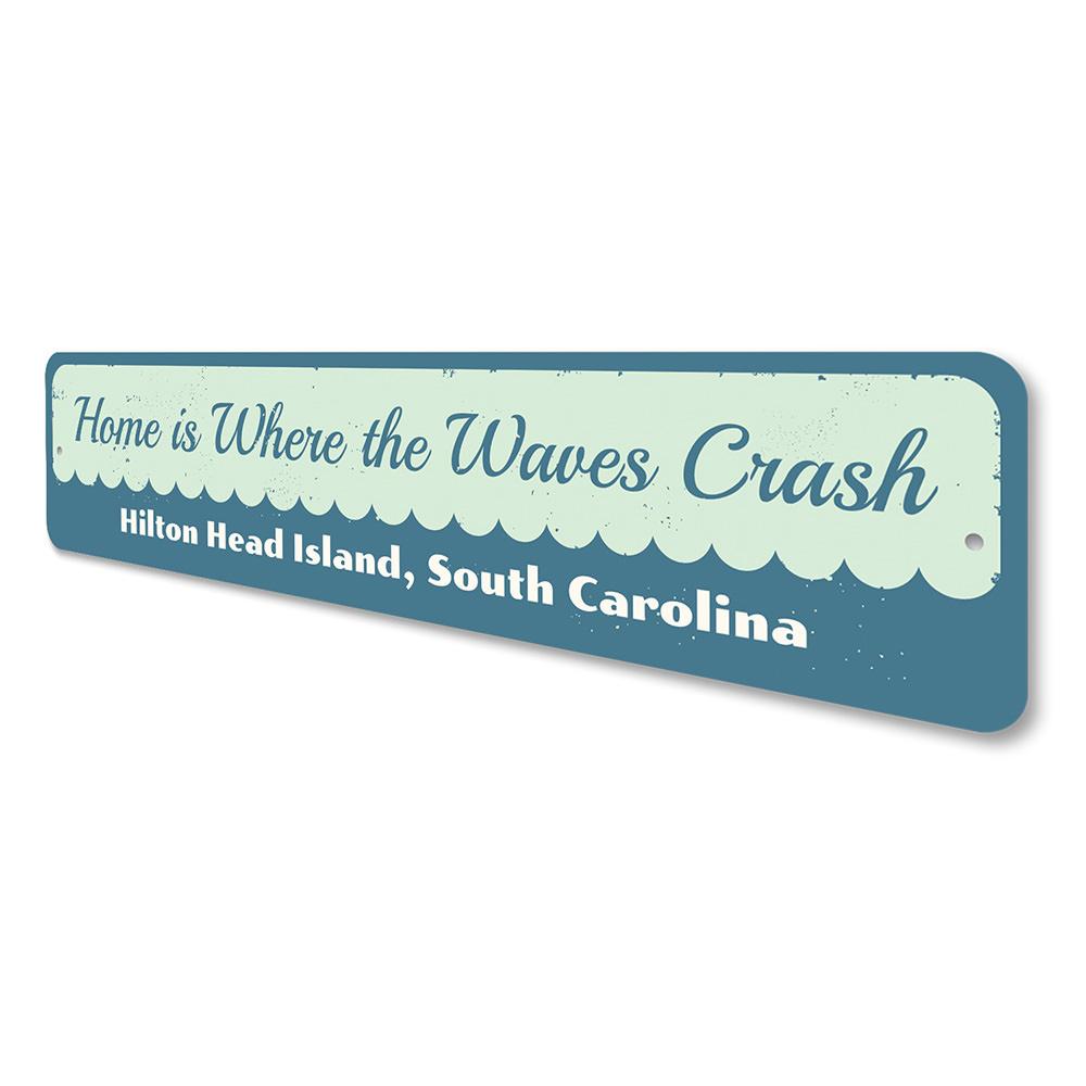 A decorative Beach Waves Sign made of aluminum, featuring vibrant colors and a coastal theme, perfect for beach houses and outdoor decor.