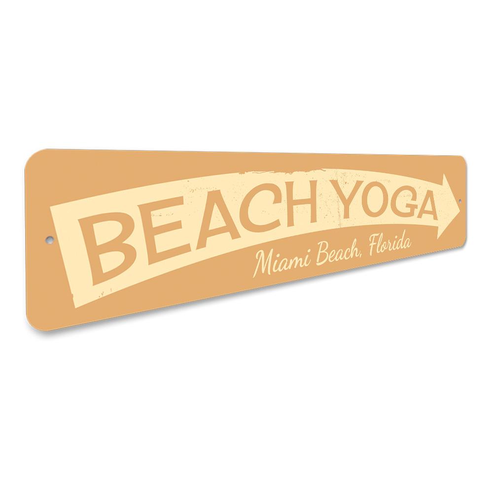 A decorative Beach Yoga Sign made of high-quality aluminum, featuring a serene beach theme, perfect for coastal decor.