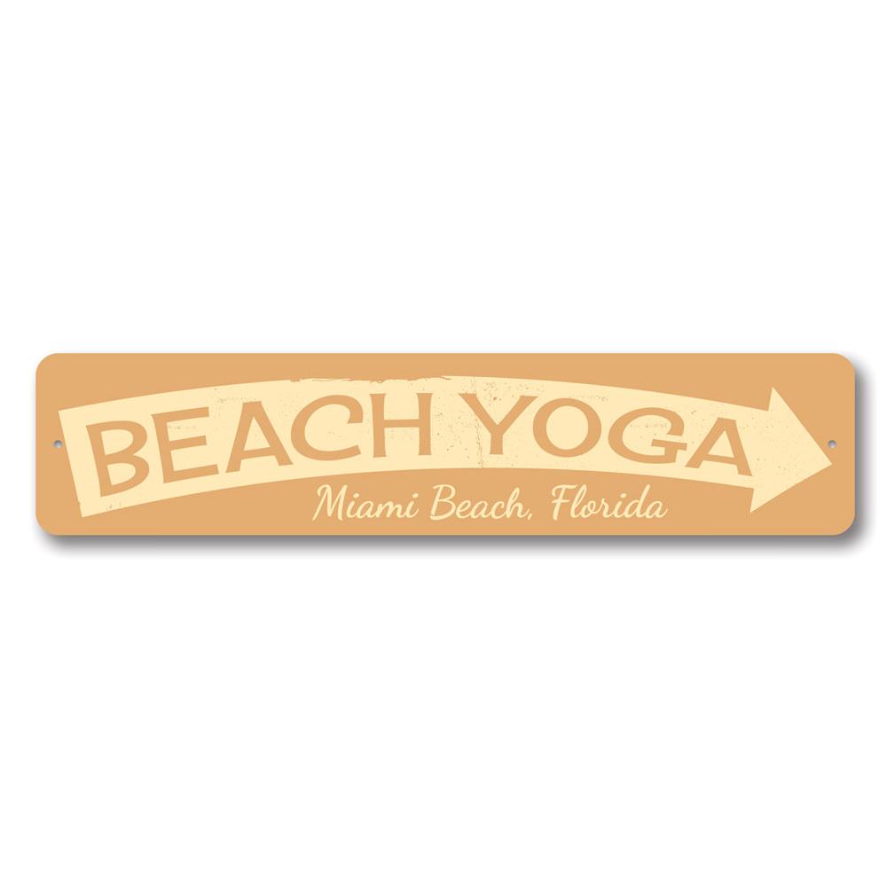 A decorative Beach Yoga Sign made of high-quality aluminum, featuring a serene beach theme, perfect for coastal decor.