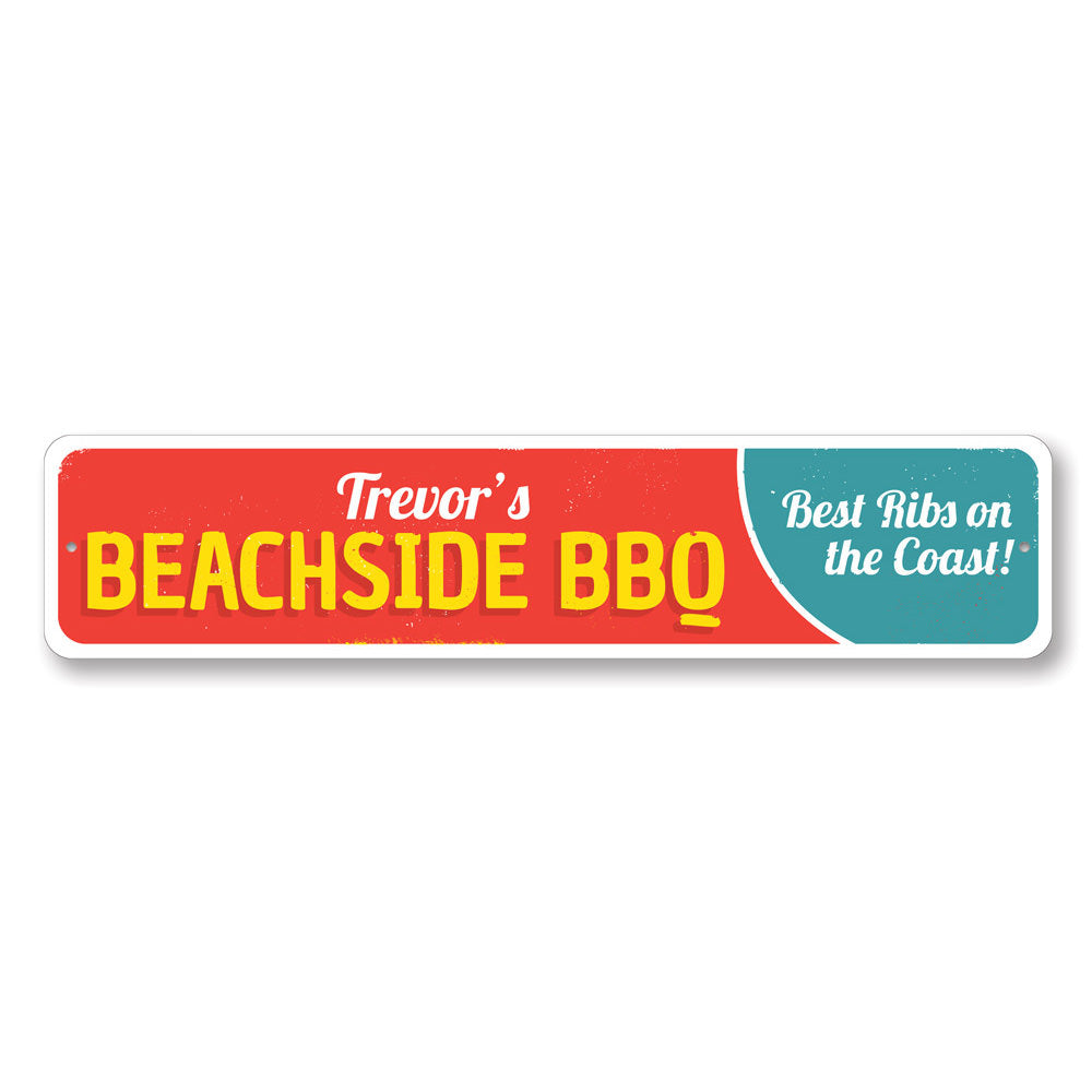 A vibrant Beachside BBQ Sign made of durable aluminum, featuring customizable text and pre-drilled holes for easy mounting, perfect for coastal decor.