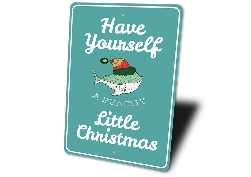 Beachy Little Christmas Sign made of aluminum, featuring festive holiday design, perfect for indoor or outdoor decoration.