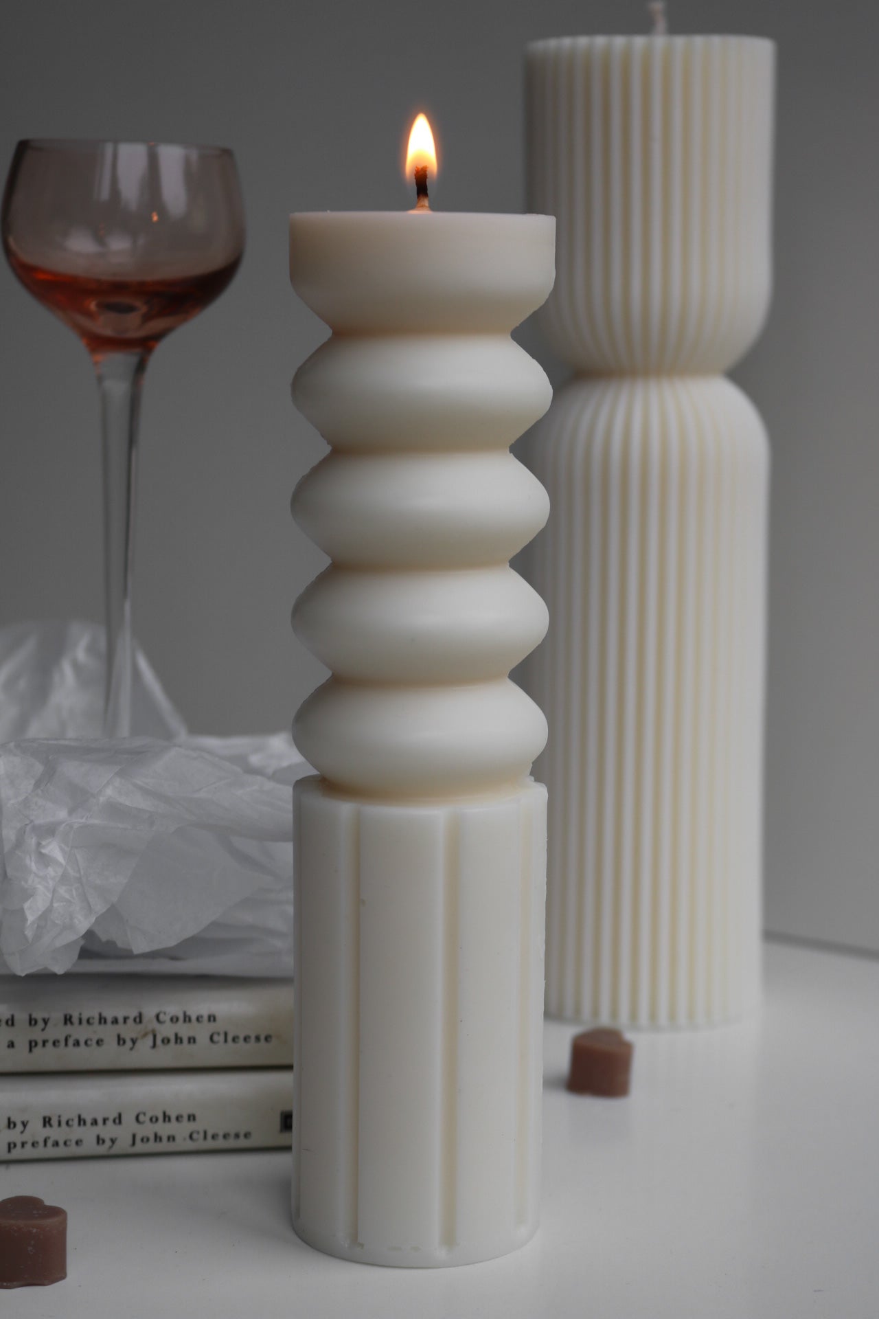 Elegant bead pillar candle made from soy wax blend, showcasing a sculptural design perfect for home decor.