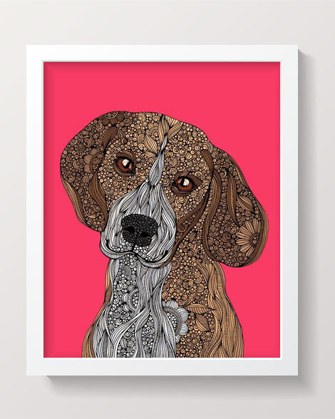 A beautifully detailed Beagle art print featuring pen and ink illustration with vibrant digital coloring, ready for framing.