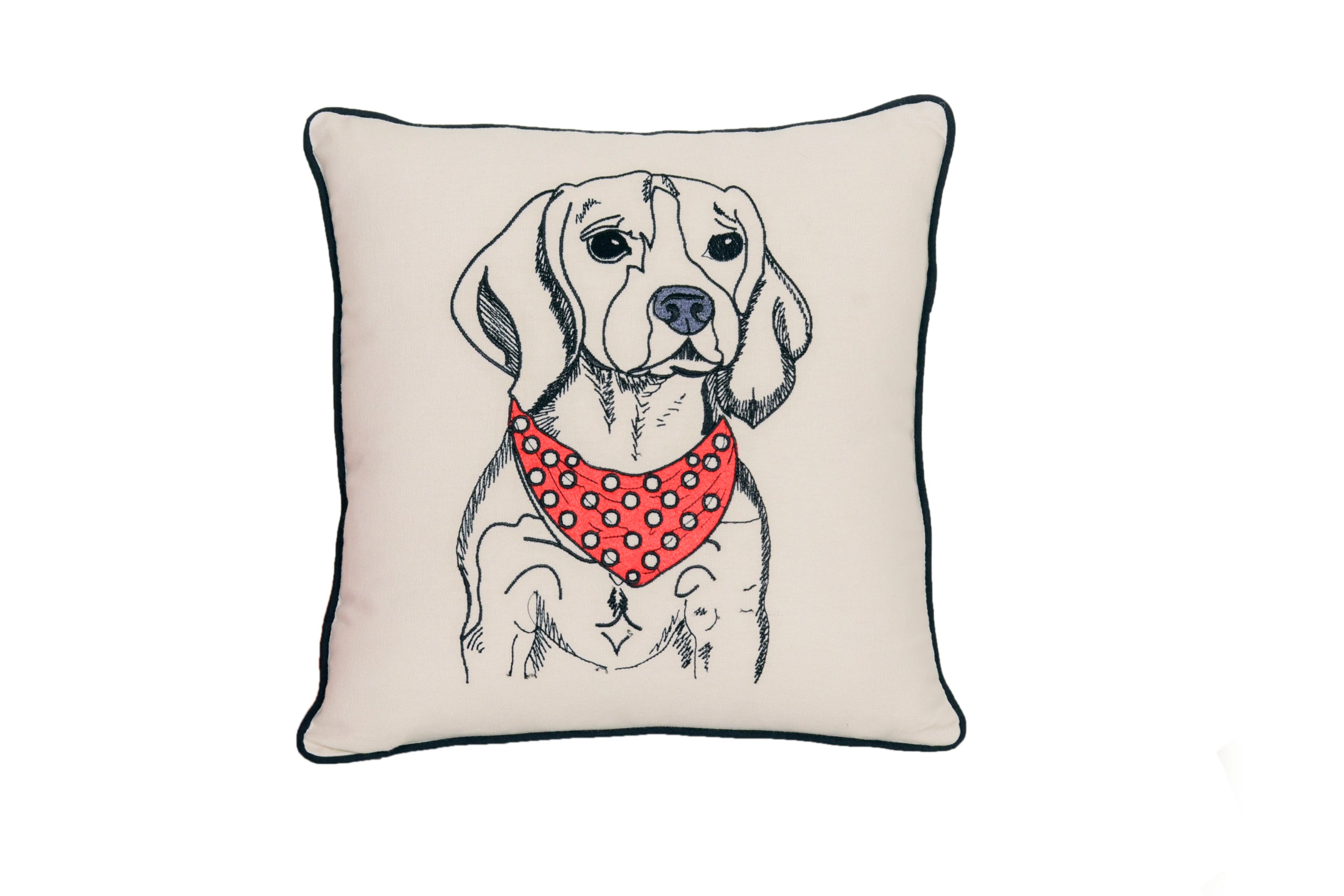 Beagle Portrait Dog Pillow featuring embroidered design on cotton canvas with black piping.