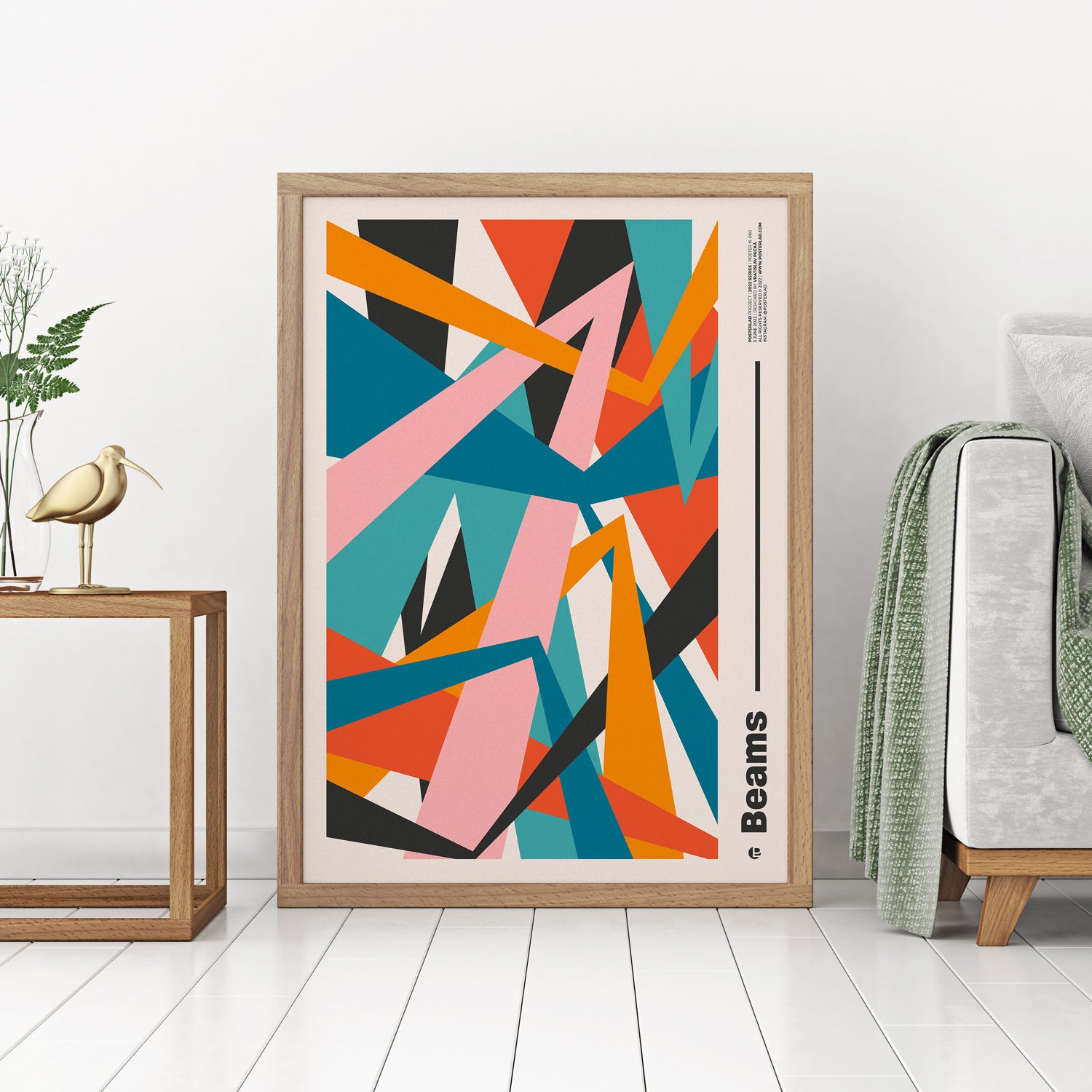 Colorful Beams poster on thick matte paper, brightening up a room with vibrant designs.