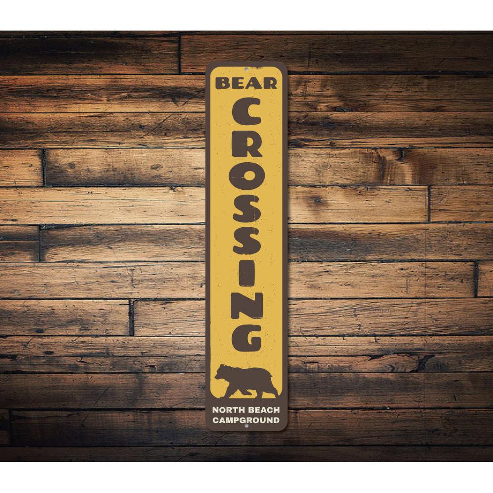 Bear Crossing Vertical Sign made of durable aluminum, featuring a bear crossing design, perfect for lakehouse decor.