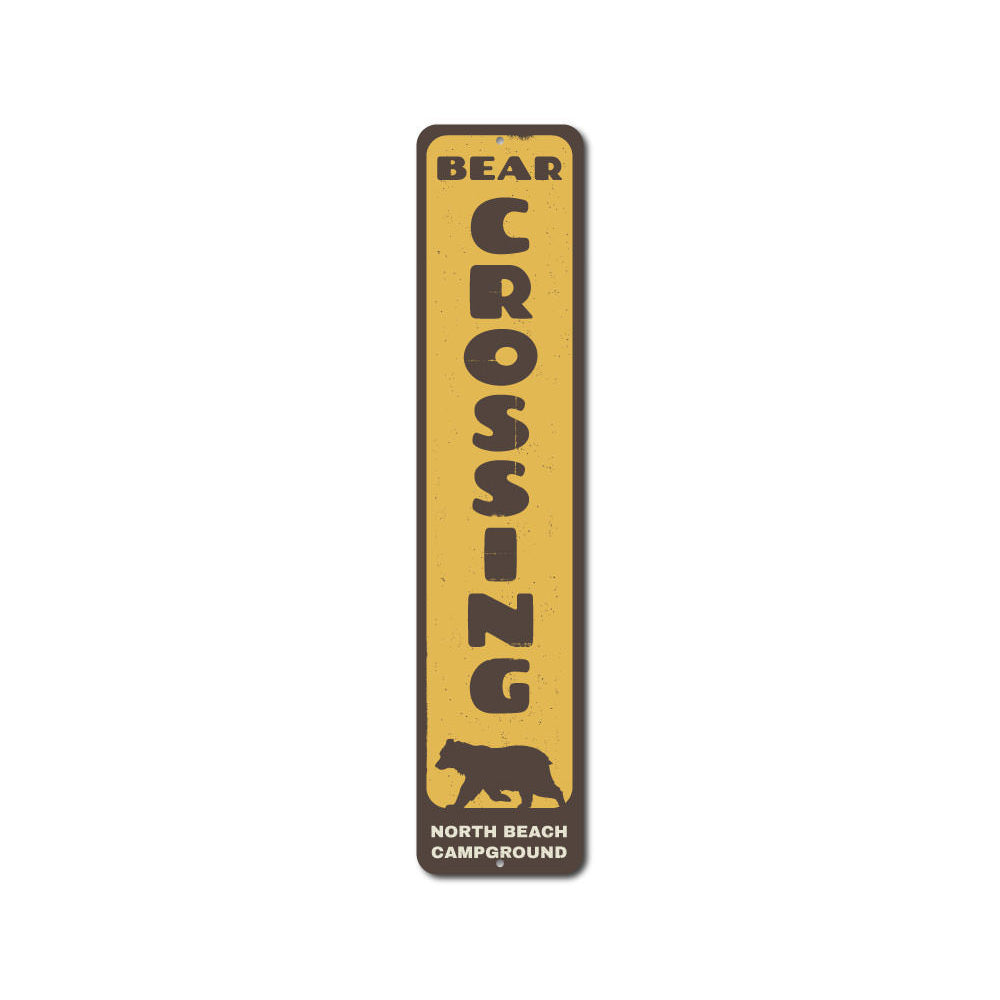 Bear Crossing Vertical Sign made of durable aluminum, featuring a bear crossing design, perfect for lakehouse decor.