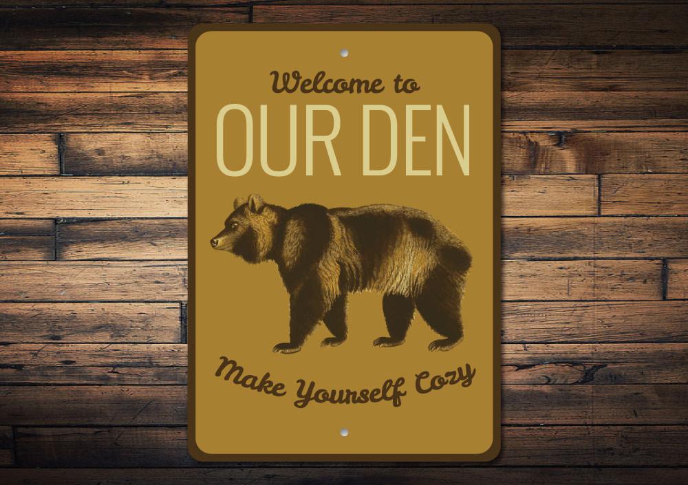 A beautifully crafted Bear Den Sign made of durable aluminum, featuring a rustic design perfect for lakehouse decor.