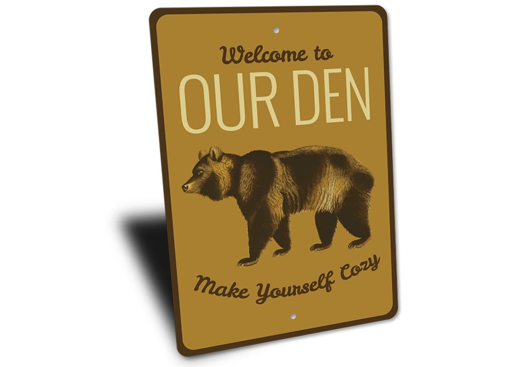 A beautifully crafted Bear Den Sign made of durable aluminum, featuring a rustic design perfect for lakehouse decor.